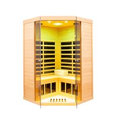 a sauna is shown with the glass doors open