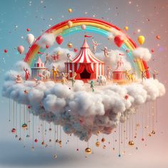 an image of a circus tent surrounded by clouds and balloons