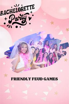 the bachelor party flyer is shown with balloons and confetti in the background, as well as an image of a bride's veil