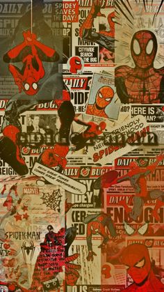 a collage of spiderman stickers and newspaper clippings on a wall