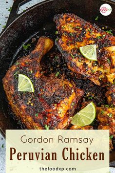 grilled chicken in a cast iron skillet with text overlay