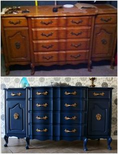 before and after photos of an old dresser painted blue with gold leaf detail on the drawers