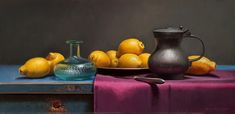 a painting of lemons and a pitcher on a table