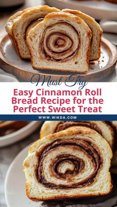 cinnamon roll bread on a plate with text overlay