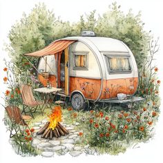 an orange and white camper parked next to a fire pit with chairs around it