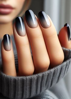 Go dark with a touch of drama! This black to grey gradient is perfect for those who love bold nail art. Gray Dip Powder Nails Ombre, Ombre Black Nail Designs, Black Grey Ombre Nails, Dark Ombré Nails, Nails Gradient, Black To Silver Ombre, Gradient Nail Design, Purple Ombre Nails