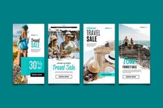 three vertical banners with the words travel sale on them, and an image of two people walking