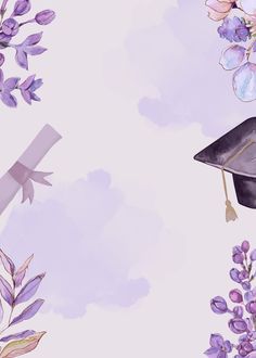 a graduation cap and flowers on top of a purple background