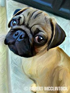 a painting of a pug looking up at the camera