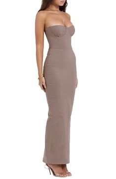 A maxi cut from sculpting fabric with a corset-inspired bodice is perfect for glam events and romantic date nights. Exclusive retailer Sweetheart neck Strapless Lined 76% viscose, 20% polyamide, 4% elastane Dry clean Imported Shades Of Brown Dresses, House Of Cb Dresses Corset, Romantic Dresses Date Night, Romantic Dinner Outfit, Nude Color Dress, Strapless Corset Dress, Corset Maxi Dress, Casual Date Nights, Dinner Gown