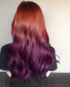 Redhead Ombre, Purple Hair Color Ombre, Sunset Hair Color, Sunset Hair, Purple Ombre Hair, Brown Ombre Hair, Hair Color Purple, Red And Purple