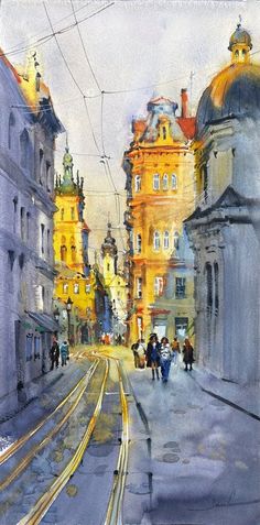 a painting of people walking down a street in an old european city with yellow buildings