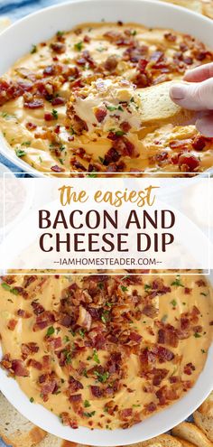 bacon and cheese dip in a white bowl with crackers