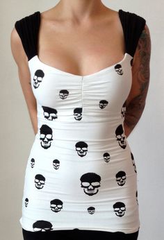 Skull print top, cream and black Punk Outfits, Wrap Top, Print Top, Gothic Fashion