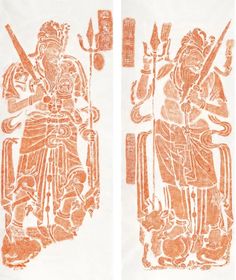 two orange and white drawings of men holding spears