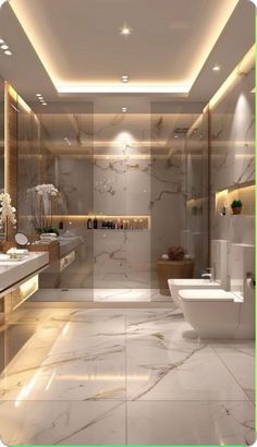 a large bathroom with marble floors and walls