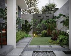 an outdoor garden with plants and rocks