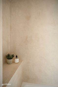 a white bath tub sitting next to a plant on top of a wooden shelf in a bathroom