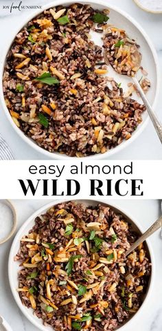 two bowls filled with wild rice on top of a marble countertop and the words easy almond wild rice