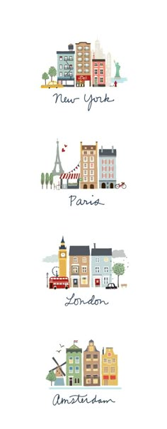 four different buildings with the words new york, san francisco and amsterdam in each one