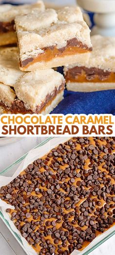 chocolate caramel shortbread ad bars on a blue tablecloth with text overlay