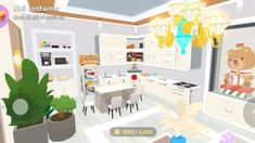 an animated image of a kitchen with teddy bears on the wall and potted plants