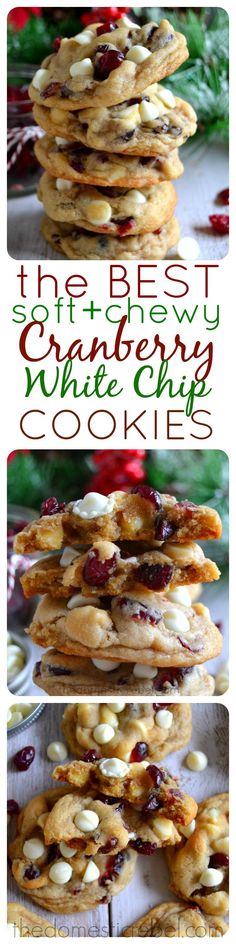 the best cranberry white chocolate cookies are stacked on top of each other and ready to be eaten