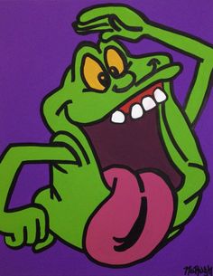 a painting of a green frog with its mouth wide open and tongue out, on a purple background