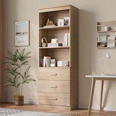 a room with a desk, chair and bookcase