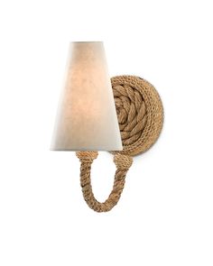 a rope wall light with a white shade on it