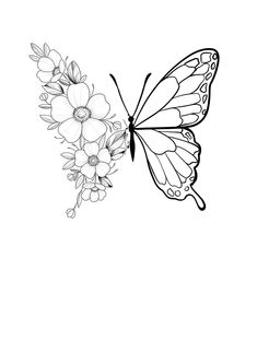 a black and white drawing of a butterfly with flowers