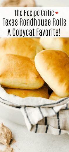 some bread rolls sitting on top of a white plate with the words texas roadhouse rolls above it