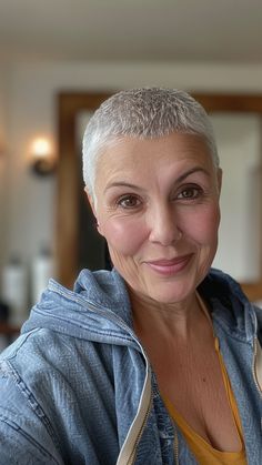 17 Modern Short Haircuts for Women Over 50: 2024’s Most Stylish Options Buzzcut Pixie Women, Gray Buzzcut Women, Women Buzzcut Style, Hairstyles For Balding Woman, Women’s Buzzcut, Buzz Cut Women Round Face, Super Short Hair For Women, Growing Out A Buzzcut Women