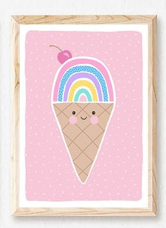 an ice cream cone with a rainbow in it and a cherry on the top is shown