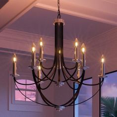 UQL2012 Colonial Modern Chandelier, 31.5H x 32W, Black Silk Finish, Marseille Collection - Urban Ambiance Modern Black Chandeliers, Modern Farmhouse Chandelier, Mid Century Modern Chandelier, Indoor Chandelier, Transitional Chandeliers, Silver Chandelier, Candle Cover, Farmhouse Chandelier, Contemporary Chandelier