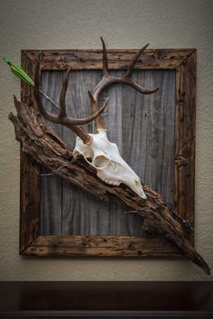 a deer skull mounted to the side of a wooden frame with antlers on it