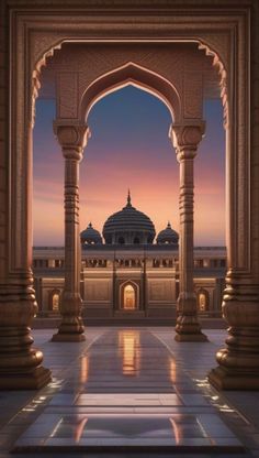 an archway leading to a building with a dome in the background at sunset or dawn