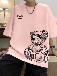 Men's Cartoon Bear Pattern Drop Shoulder T-Shirt Pink Casual  Half Sleeve Fabric Cartoon  Slight Stretch  Men Clothing, size features are:Bust: ,Length: ,Sleeve Length: Idee Cricut, Trendy Shirt Designs, Tee Shirt Fashion, Drop Shoulder Tee, Loose Tees, Cool Outfits For Men, Trendy Shirts, Oversized Tee, Men Clothing