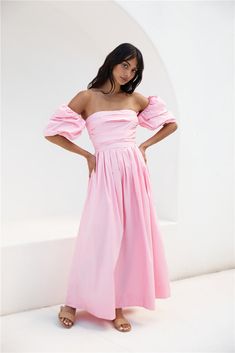 Bella Off-Shoulder Maxi Dress Pink White Dress Flowy, Spring Break Dress, Brunch Dress, Cocktail Dress Formal, Off Shoulder Dresses, White Long Sleeve Dress, Skirt And Top Set, Date Night Dresses, Pink Maxi Dress