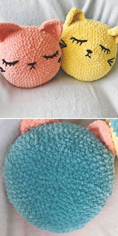 two crocheted pillows with cats on them, one is blue and the other has pink