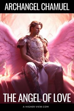 an angel sitting on top of a bed with pink wings in the background and text that reads, the angel of love