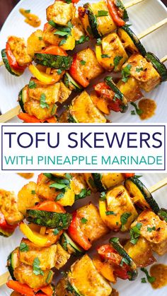 tofu skewers with pineapple marinade on a white plate and title overlay