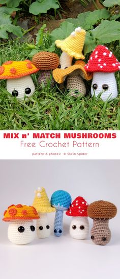 four crocheted mushrooms sitting in the grass with text overlay that says mix n match mushrooms free crochet pattern