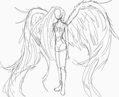 a drawing of an angel with long hair and wings on it's back legs