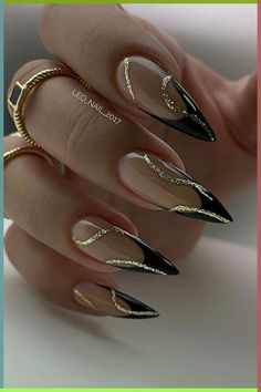 Nails To Go With Black Outfit, French Black Nail Designs, Gorgeous Almond Nails, Black French Tip Nails Almond With Gold, Gel X Black French Tip, Gold Black French Nails, Black And Gold Tips Nails, Black Art Deco Nails, Wedding Nails Black And Gold