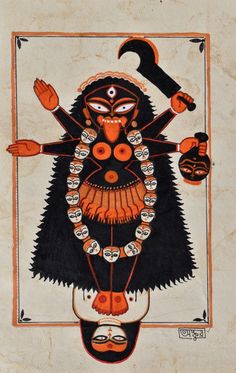 Kali Kali Art Goddesses, Hinduism Art Illustrations, Tantrika Art, Kali Illustration, Bengali Folk Art, Hindu Illustration, Kali Art, I Am Insane, Phad Painting