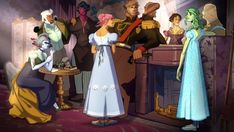 an animated scene with people dressed in costumes