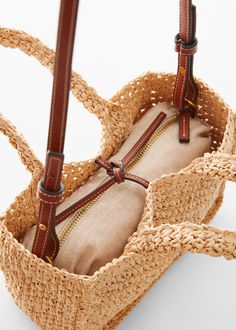 Raffia-effect shoulder bag - Woman | MANGO USA Rafia Bags, Rafia Bag, Mango Handbags, Straw Tote Bag, Inside Bag, Raffia Bag, Straw Bags, Straw Tote, Shoulder Purse