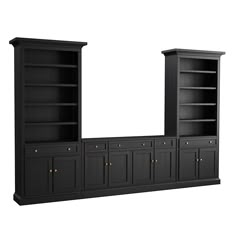 a black bookcase with two doors and three drawers