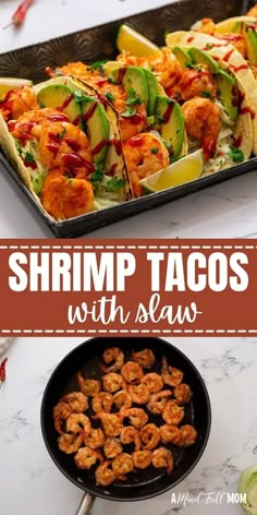 shrimp tacos with avocado and salsa in a skillet on the side